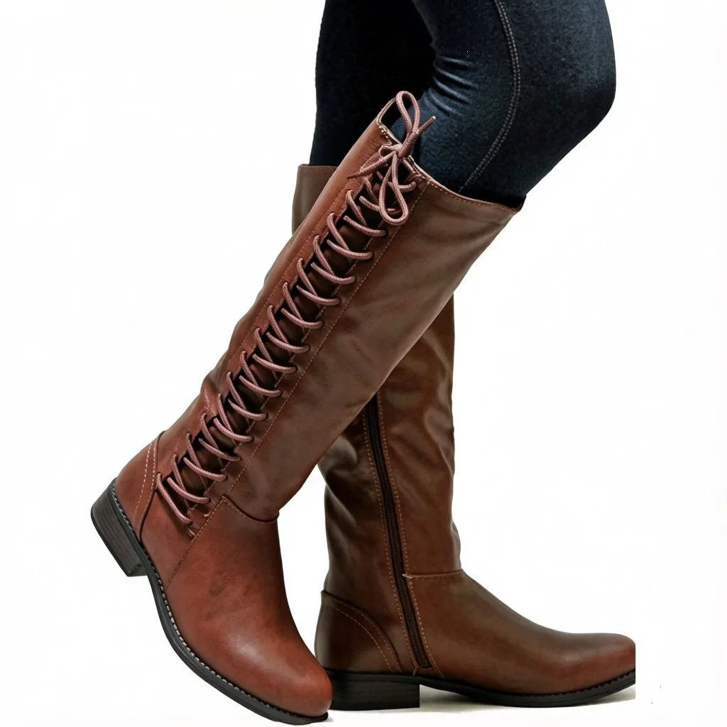 Plus-size women's boots with low chunky heels, side zipper, and high shaft, sizes 34-43