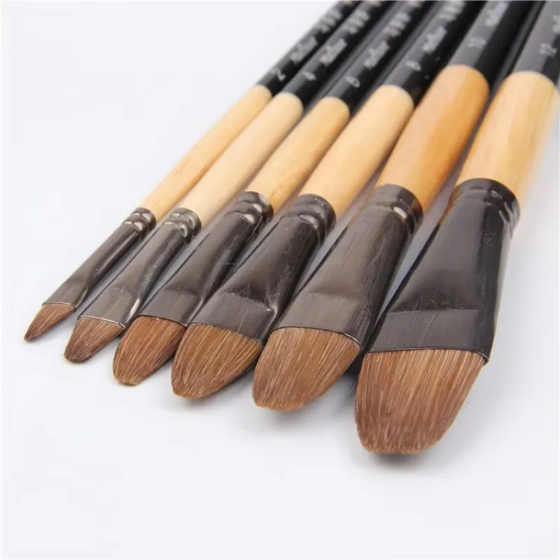 High-grade 6pcs Horsehair Brush Artist Oil Paint Brush Nail Round Long Wooden Pole Acrylic Paints Set Row Pen Student Stationery