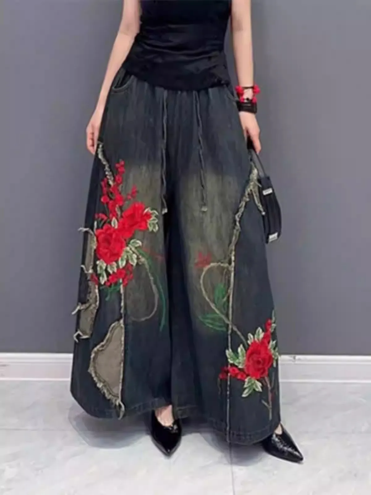 Autumn Women's Straight Jeans New Korean Fashion High-waist Ethnic Style Embroidered Drawstring Oversized Denim Wide-leg Pants
