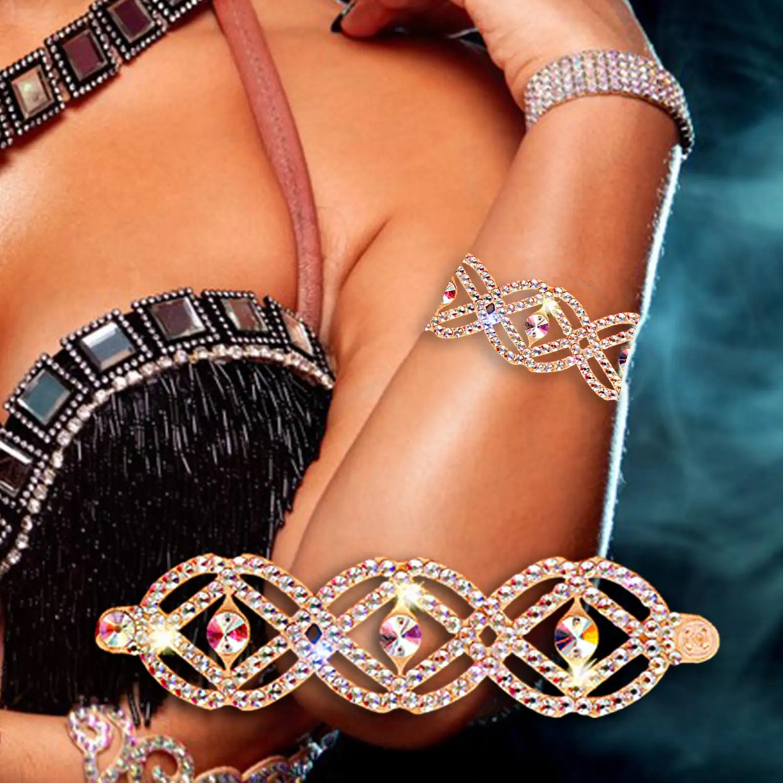 Belly Dance Bracelet for Women Sparkling Rhinestone Wide Bangle for Dance