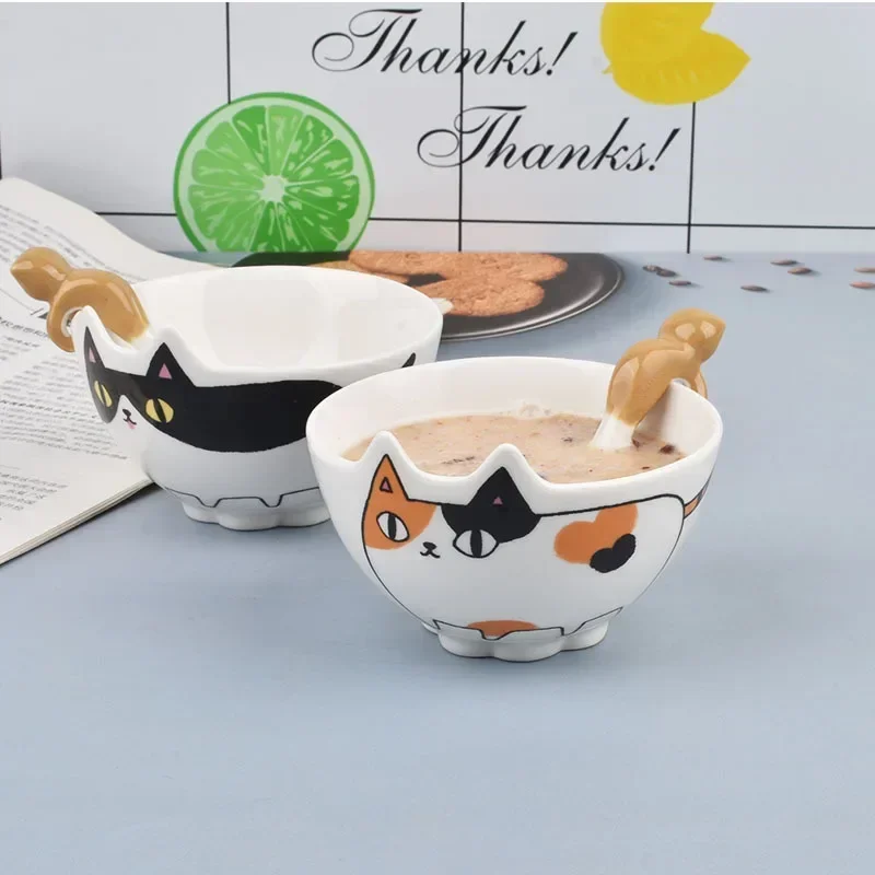 

4 Inch Ceramic Bowl Korean Cartoon Cat Bowl Household Rice Bowls Children's Breakfast Tableware Home Kitchen Supplies Dinnerware