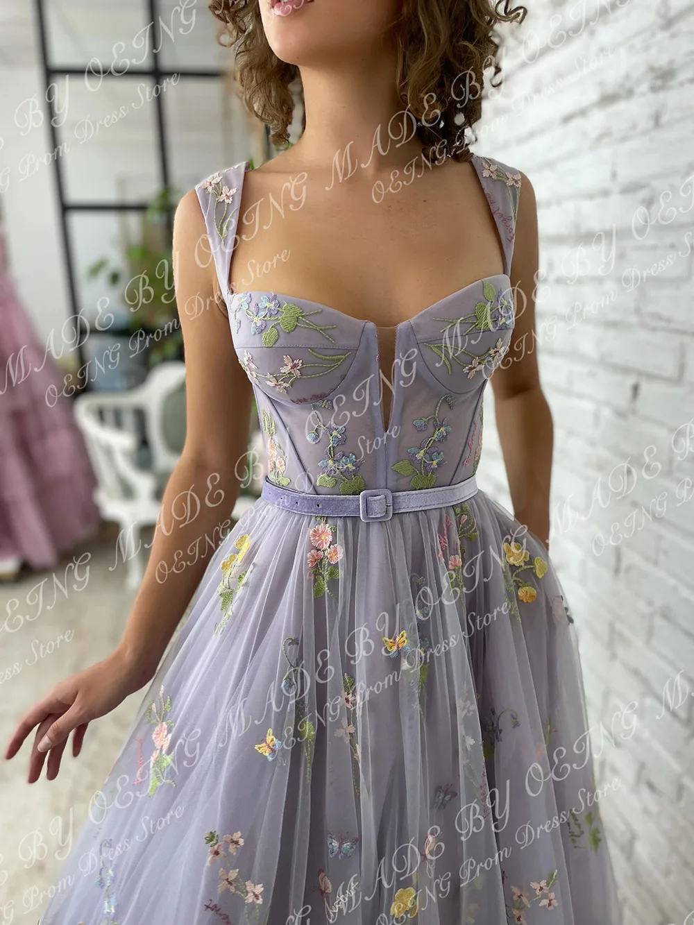 OEING Lavender A Line Long Prom Dresses Sweetheart Spaghetti Strap Embroidery Tulle Evening Gowns Formal Wedding Party Dress