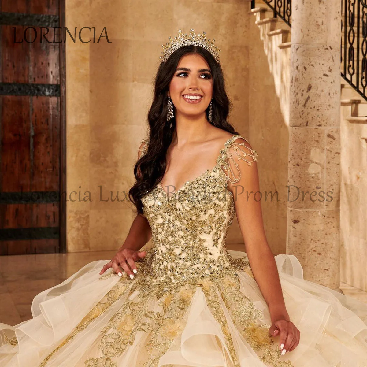 Mexican 2024 Quinceanera Dress Gold 3D Floral Long Sleeveless Appliques Crystal Beading Sweet 16 Formal Vestidos De 15 Años