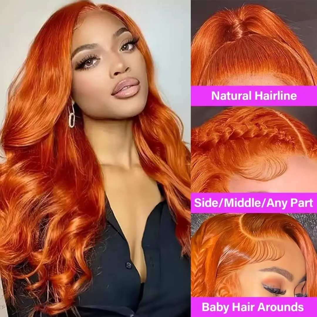 Ginger Orange Lace Front Wig Human Hair Pre Plucked 13x4 Transparent Lace Frontal Wigs #350 Colored Body Wave Wigs for Women