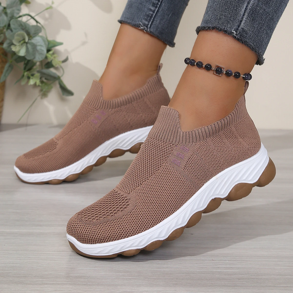 Sock-Style Knit Sneakers for Women, Easy Slip-On Design, Breathable Mesh Upper, Wavy Sole, Comfortable Casual Shoes for Daily AC