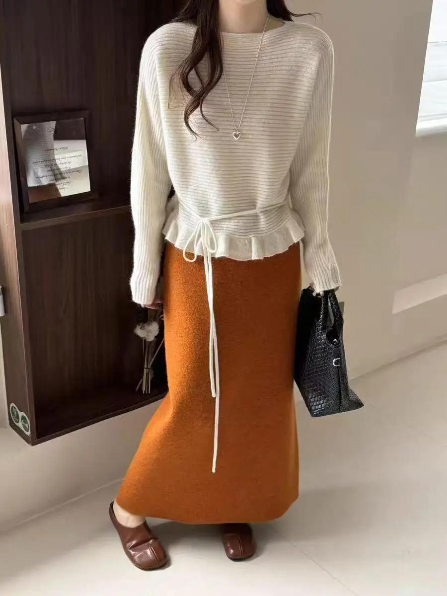 Feminino outono inverno novo estilo coreano macio plissado gravata na cintura de malha versátil camisola topo