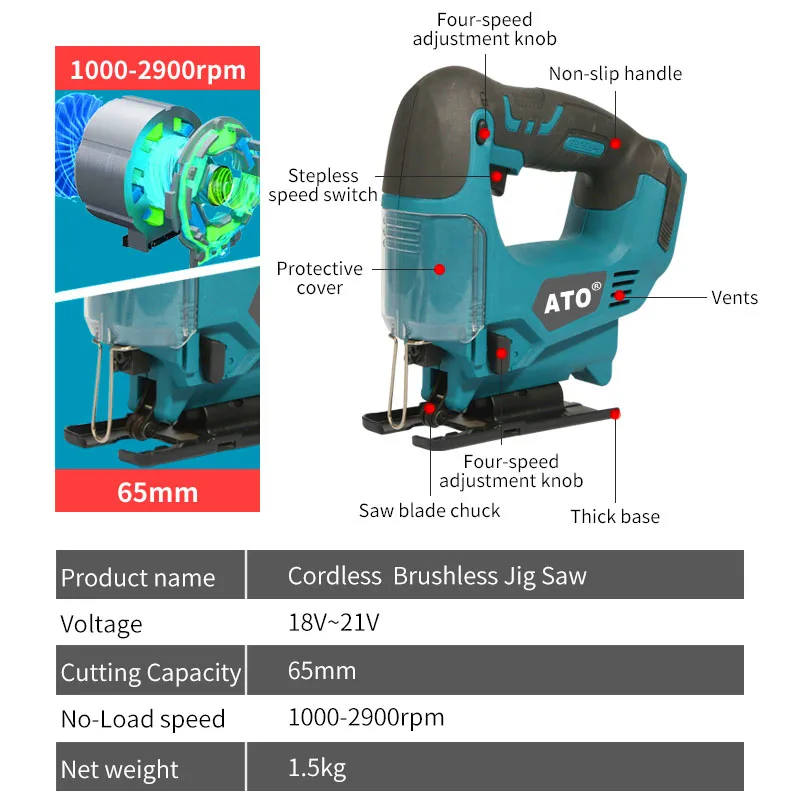 ATO Protable Woodworking Cordless Jig Saw Cutting Multi-function Power Tools Brushed Electric Jigsaw For Makita 18V Battery