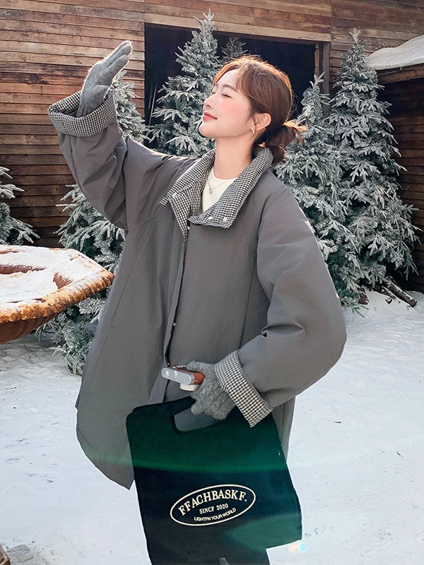 

Утепленная женская зимняя парка в корейском стиле с клетчатыми вставками, повседневная теплая верхняя одежда