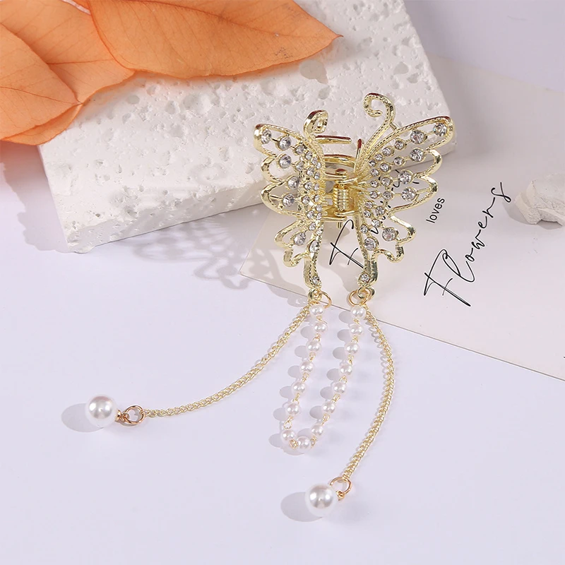 Exquisite Rhinestone Butterfly Fringe Hair Claw Korean New Ponytail Braid Pearl Hair Clip Girl Crab Metal Headdress Gift