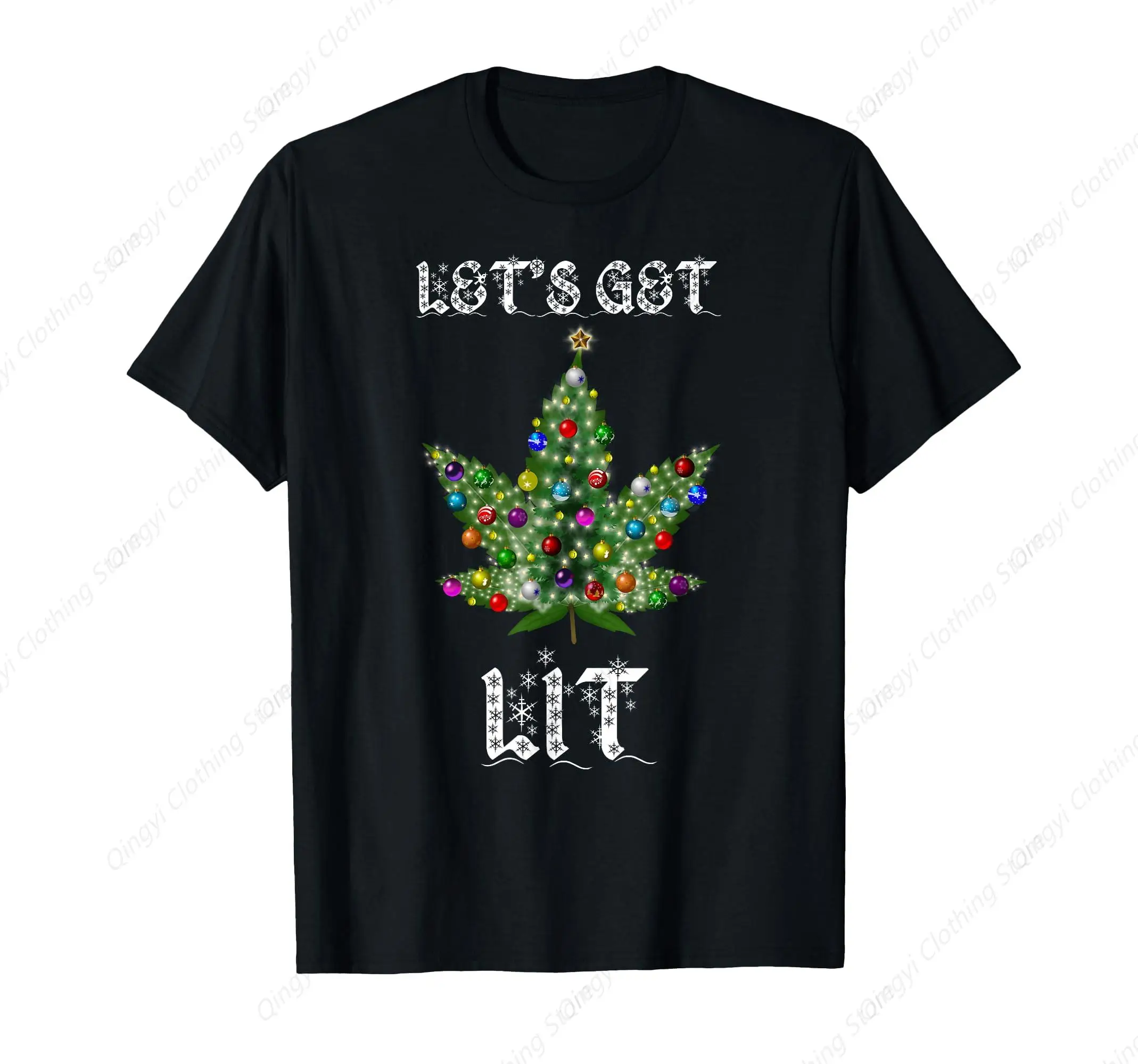 

420 Christmas Tree Weed Leaf T-Shirt Pot Marijuana Gift Unisex Adults Black Classic Print T-Shirt