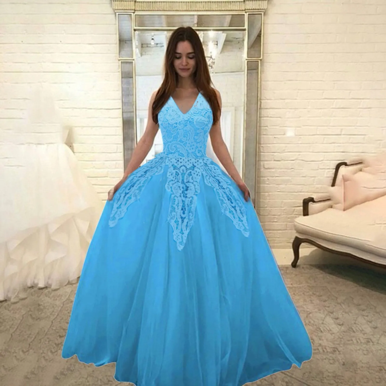 

Fashion Elegant Gown Dresses Lace Floral Embroider Wedding Evening Party Dresses Women V Neck Sleeveless Chiffon Long Dresses