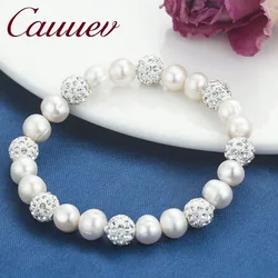 cauuev Genuine Natural Freshwater Pearl Bracelets Bangles For Women with White Clay Zircon Ball Elasticity Jewelry Gift