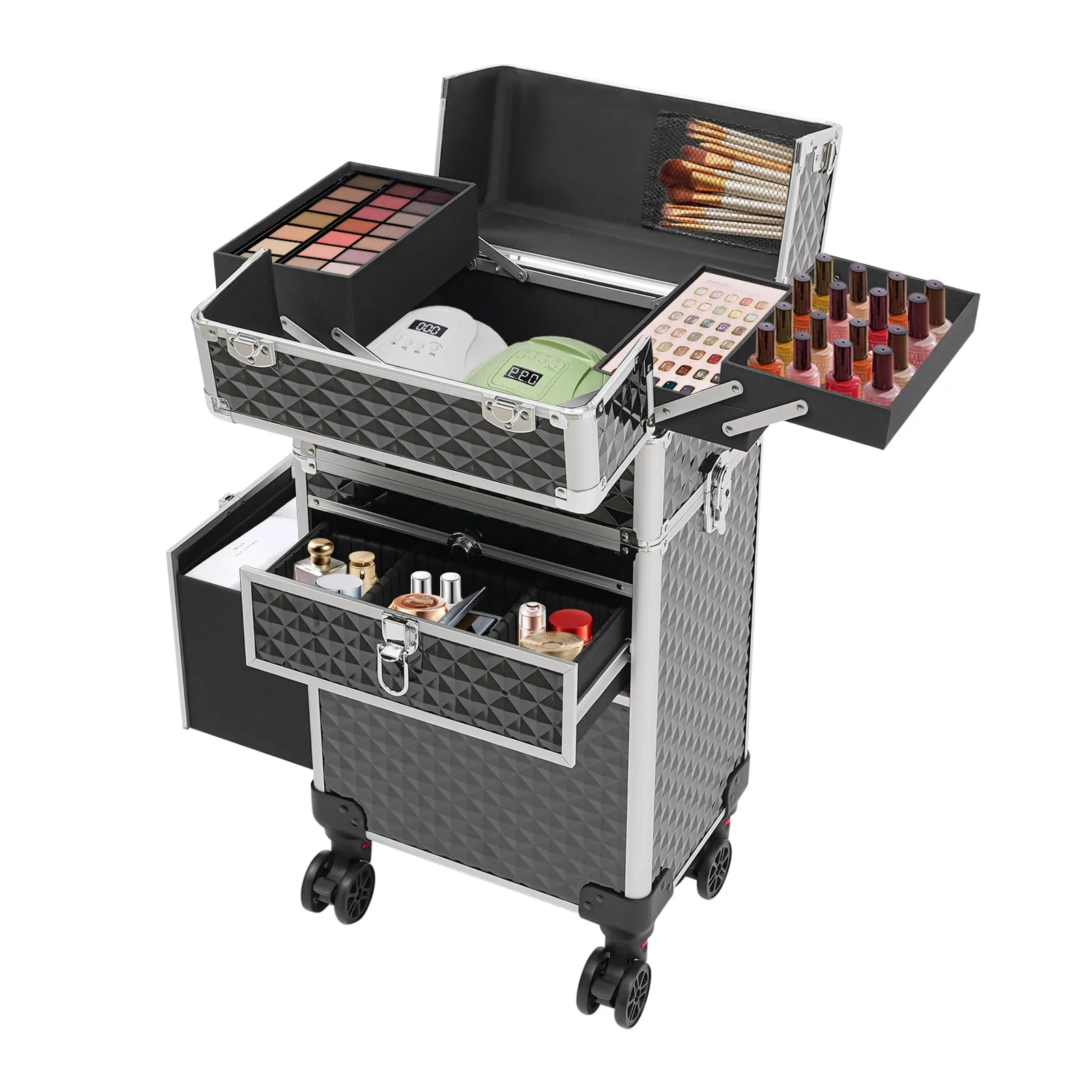 Professional Rolling Makeup Train Case, Multi-functional Cosmetic Trolley, Large Storage Traveling Cart Trunk