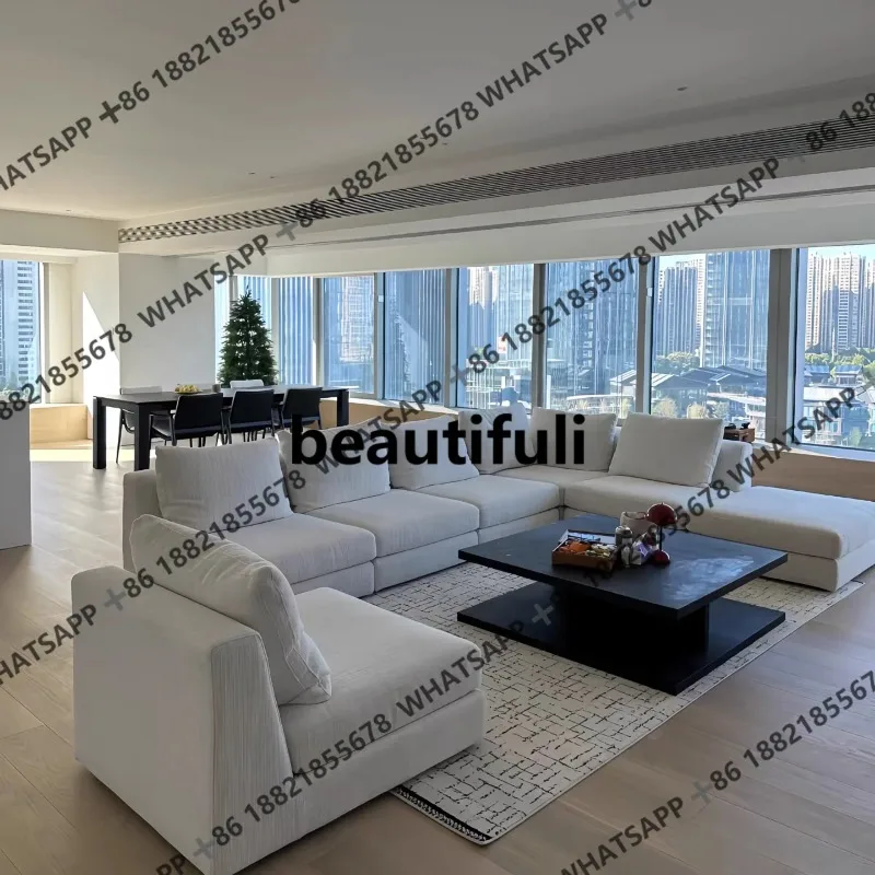 

H High-grade cotton and linen sofa large flat-layer combination corner simple cream sofa