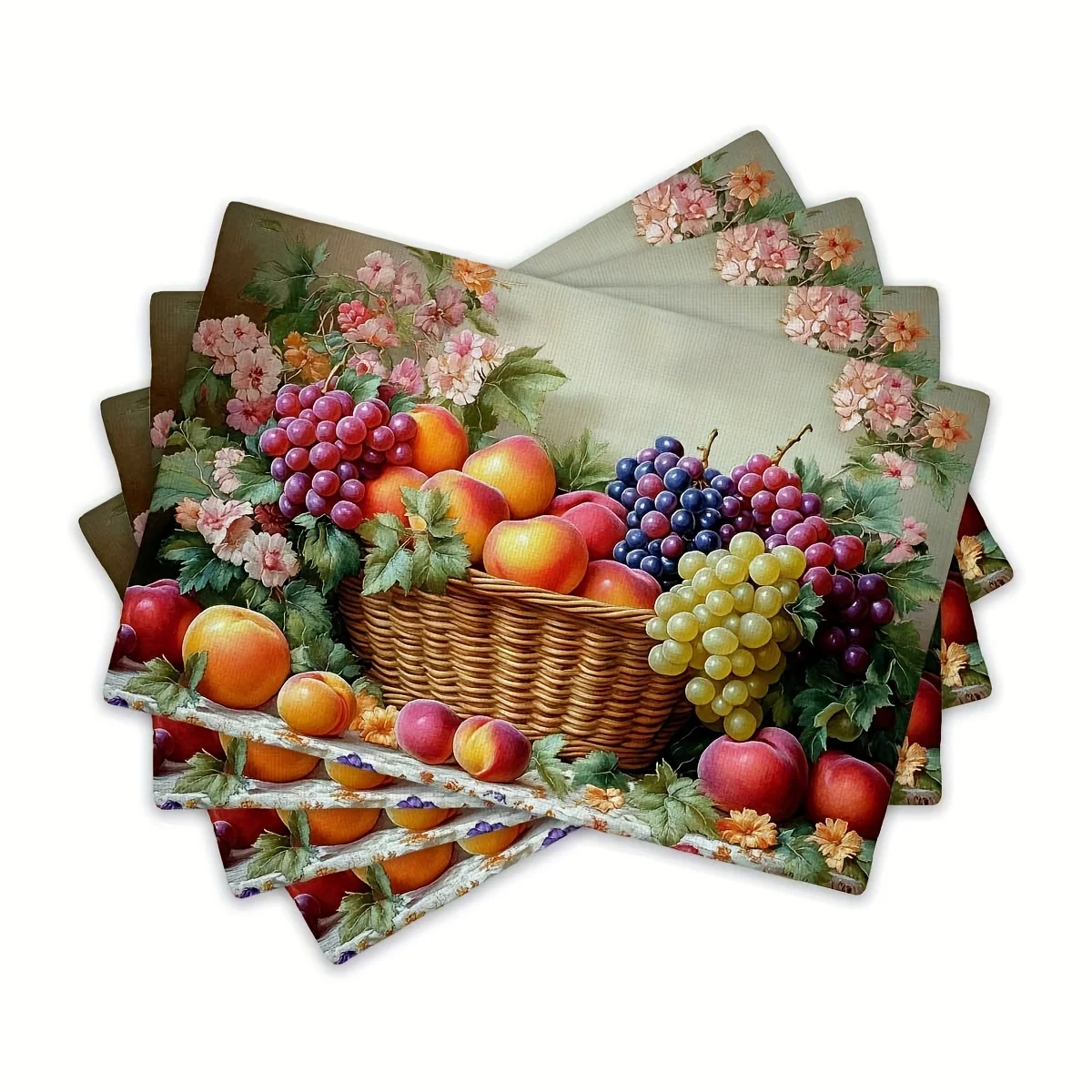 Fruit Basket Placemats Set of 4/6/8 Fabric Table Mats with Grapes Peaches and Flowers for Country Style Kitchen