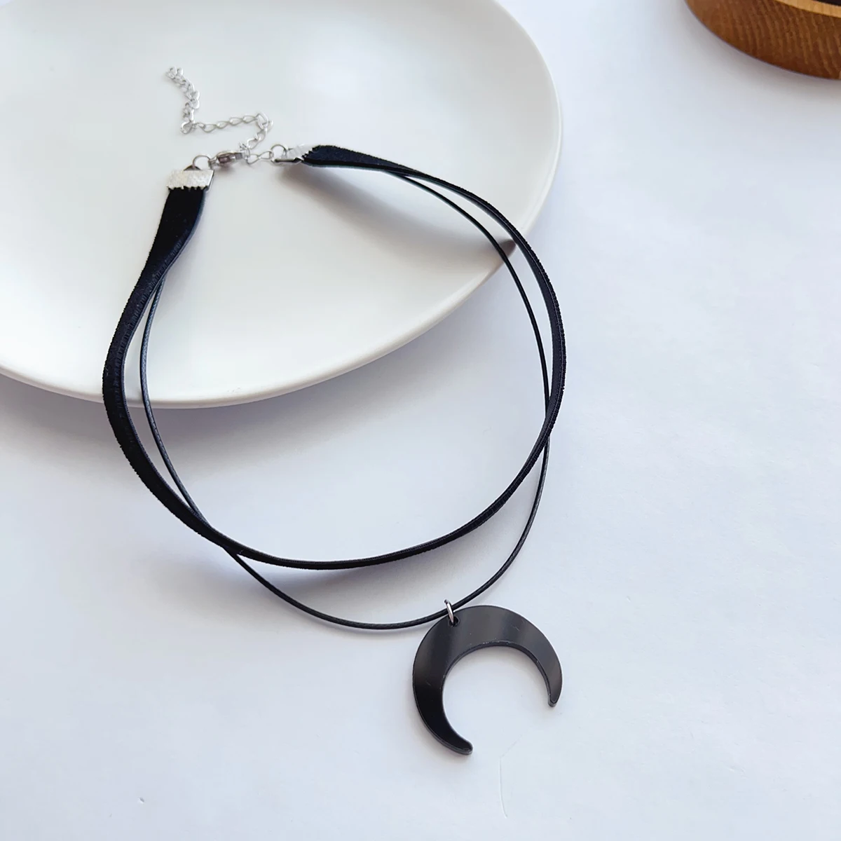 Black acrylic Moon Crescent Pendant Black velvet strap double layer wearing choker neck strap choker necklace for women