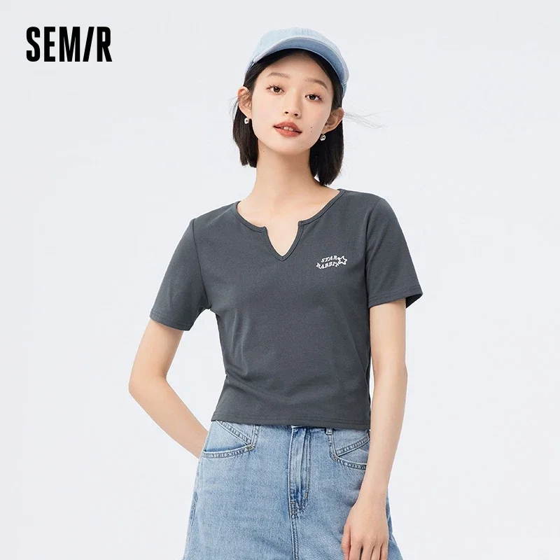 Semir Short-sleeved T-shirt Women Short Tight Casual 2023 New Summer Embroidered Pullover Versatile T-shirt