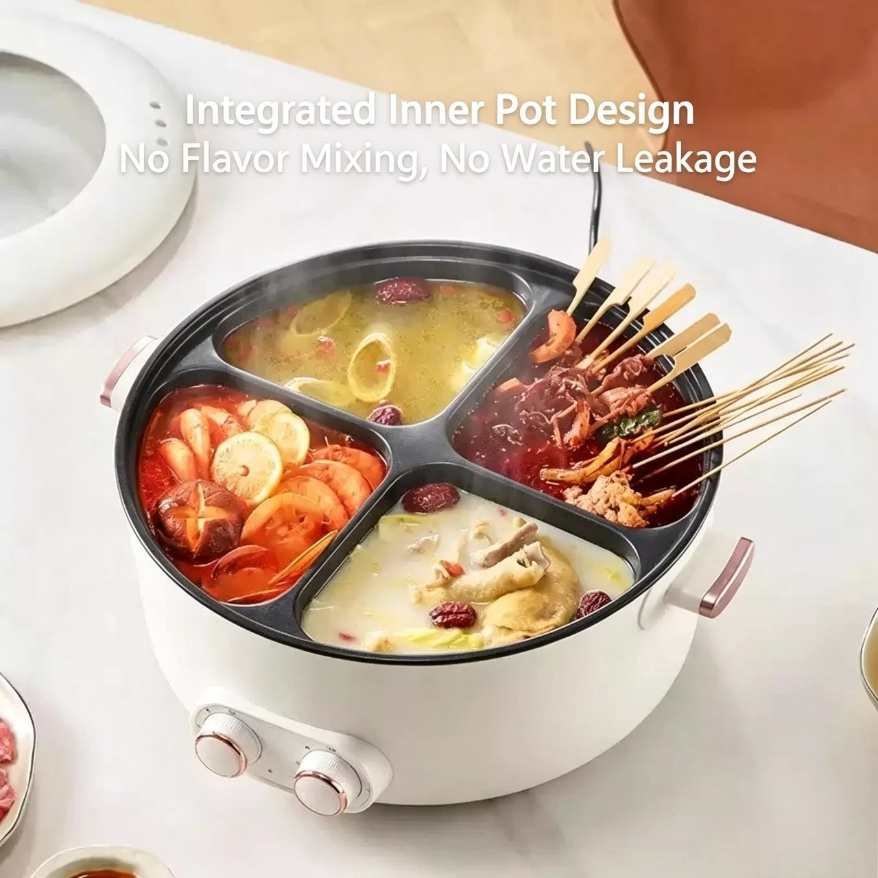 Electric pot four-grid multi-functional household 6-liter capacity integrated hot pot electric off-white cooking pot