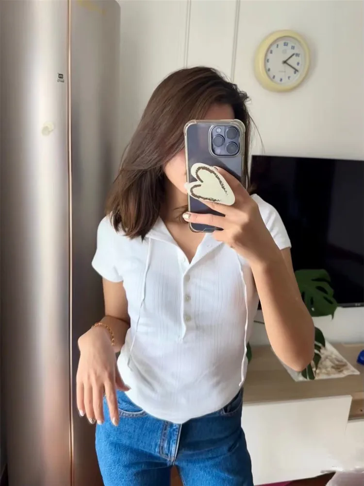 

3 Colors Women Slim Lace Knitted Tshirt Summer New 2024 Single Breasted Short Sleeve O-Neck Casual Ladies Cotton Tee Tops