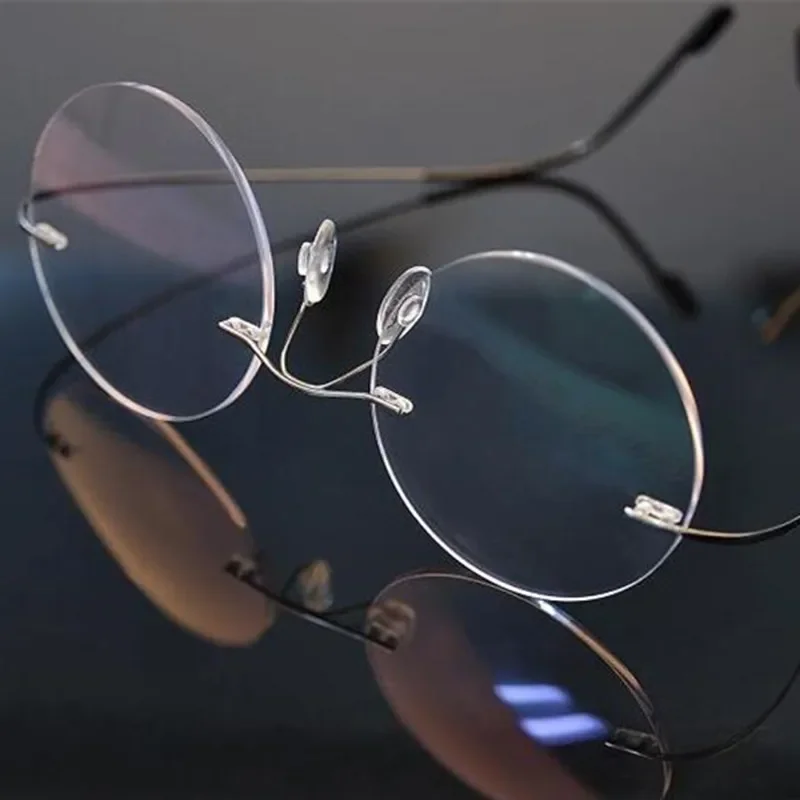 Vintage Round Memory Titanium Rimless Flexible Eyeglass Frames Myopia Men Women Glasses Spectacles Rx able Super Light