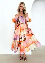 Women Printed Holiday Sexy Short Sleeve A-Line Summer Puff Sleeve Off-shoulder Loose Midi Dress