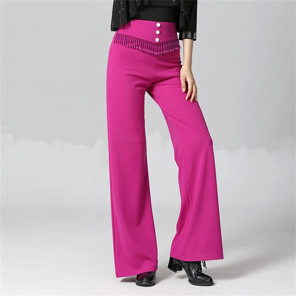 Women's high-waisted Latin dance performance pants Girls Belt beading Cha-cha, Rumba Latin wide leg pants rose color Trousers