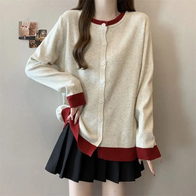 Women Clothing Contrast Plus Size Korean Tops Spring Autumn New Long Sleeve Loose Patchwork Casual T Shirts Fashion Lazy Style