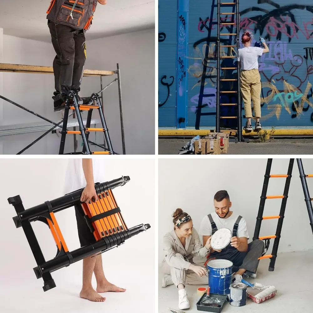 Telescoping Ladder,Telescoping A Frame Ladder with Balance Bar and Movable Wheel,Household Use Folding Ladder,