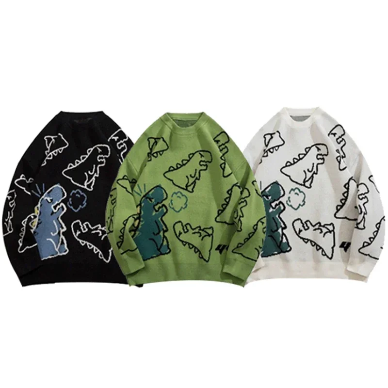 Sweaters Men Harajuku Style Knitted Hip Hop Streetwear Dinosaur Cartoon Pullover Oversize Casual Couple O-Neck Vintage Sweaters