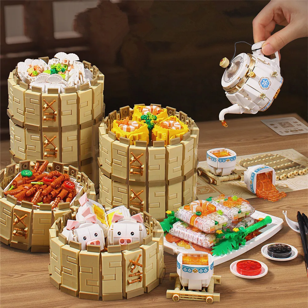 

City Creativity Chinese Style Food Morning Tea Cantonese Dim Sum Model Mini Building Blocks Bricks Kids Toys Christmas Gift