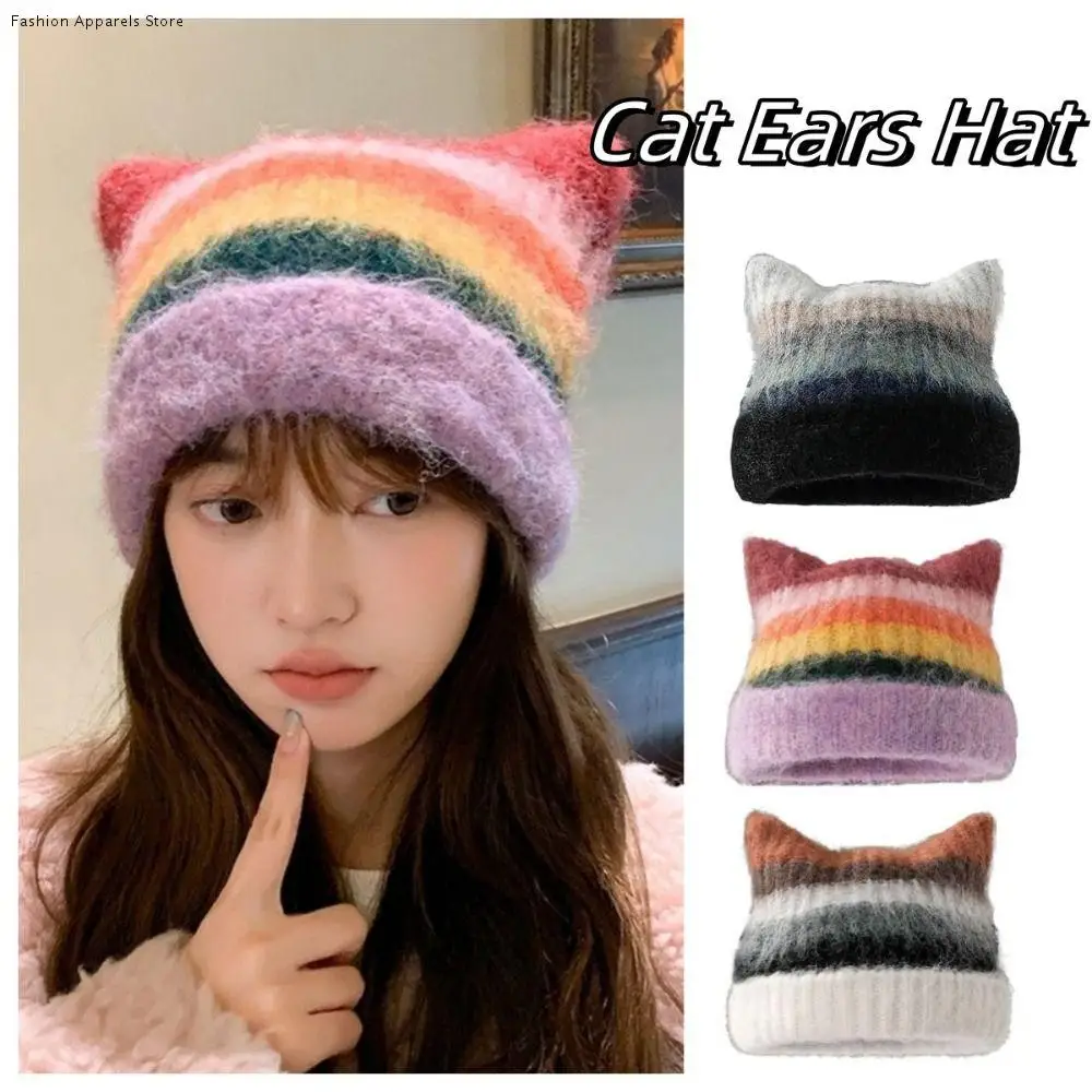 

Retro Colored Cat Ears Pullover Hat Gradient Rainbow Striped Bucket Hat Japanese Style Y2k Woolen Knitted Hat Autumn Winter