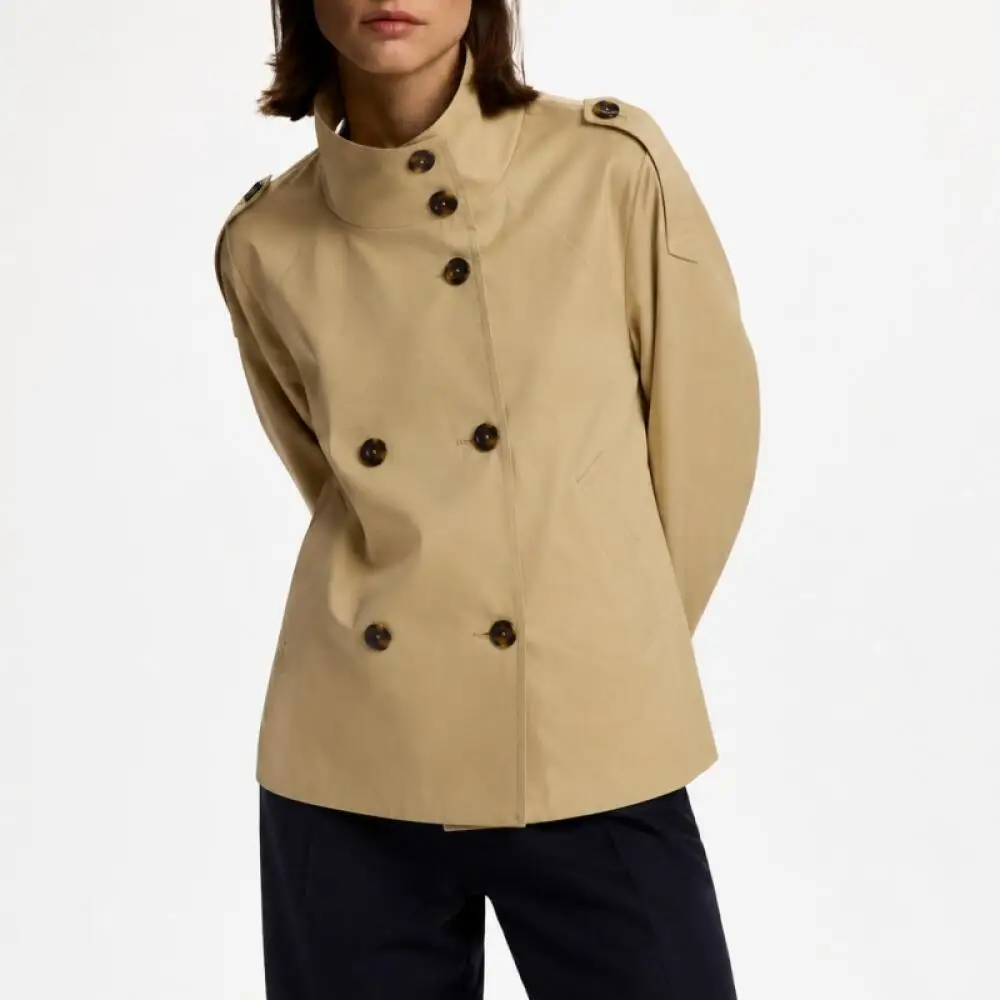 CH Damen Maßgeschneiderter Zweireihiger Stehkragen-Trenchcoat mit Schulterriemen und Manschetten-Schnallen für Business und Pendeln – Detail 6