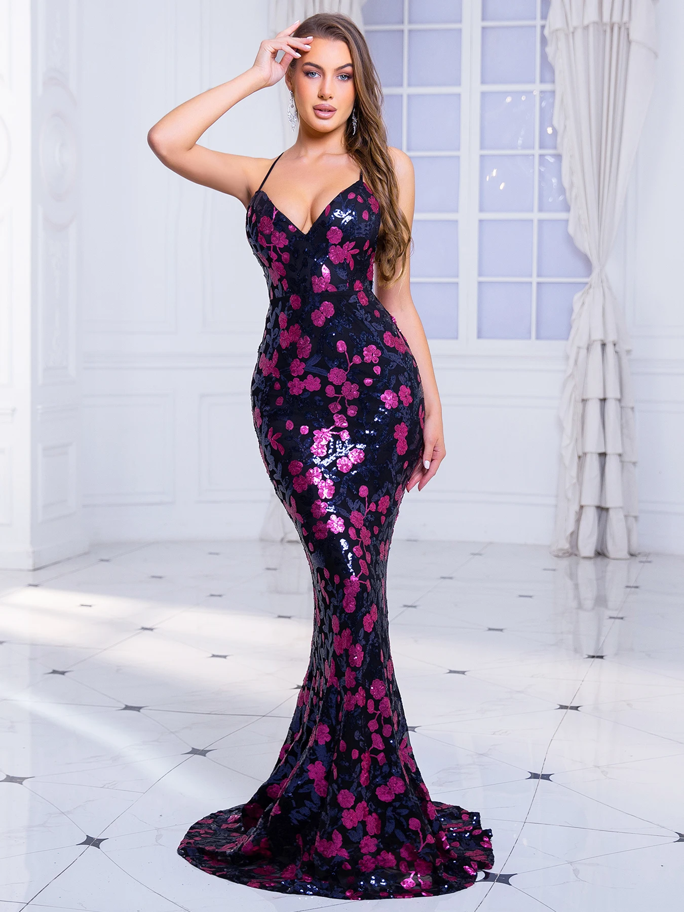 Sexy Backless Straps Evening Party Dress V Neck With Padded Luxury Sequin Flowers Mermaid Cocktail Prom Gown Elegant Women's New