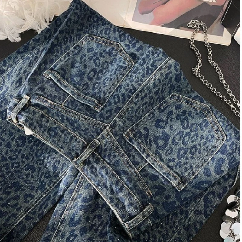 American Retro Leopard Print Jeans Loose and Versatile Trousers Tide Women's New Autumn  Winter Heavy Industry Casual Pants Ins
