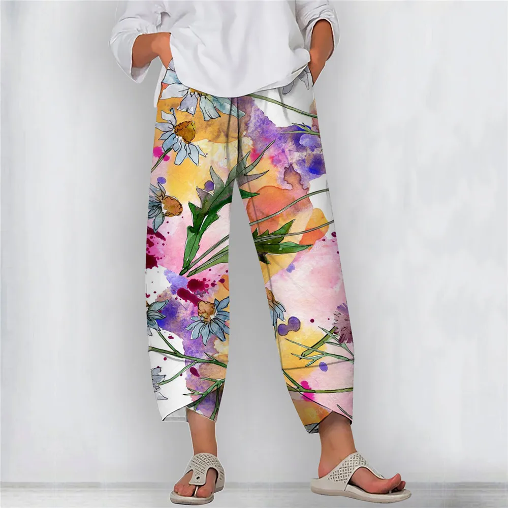 

CLOOCL Summer Wide-legged Pants Tie-dyed Daisy Print Trousers with Pockets Ladies Women Slacks Streetwear Oversized