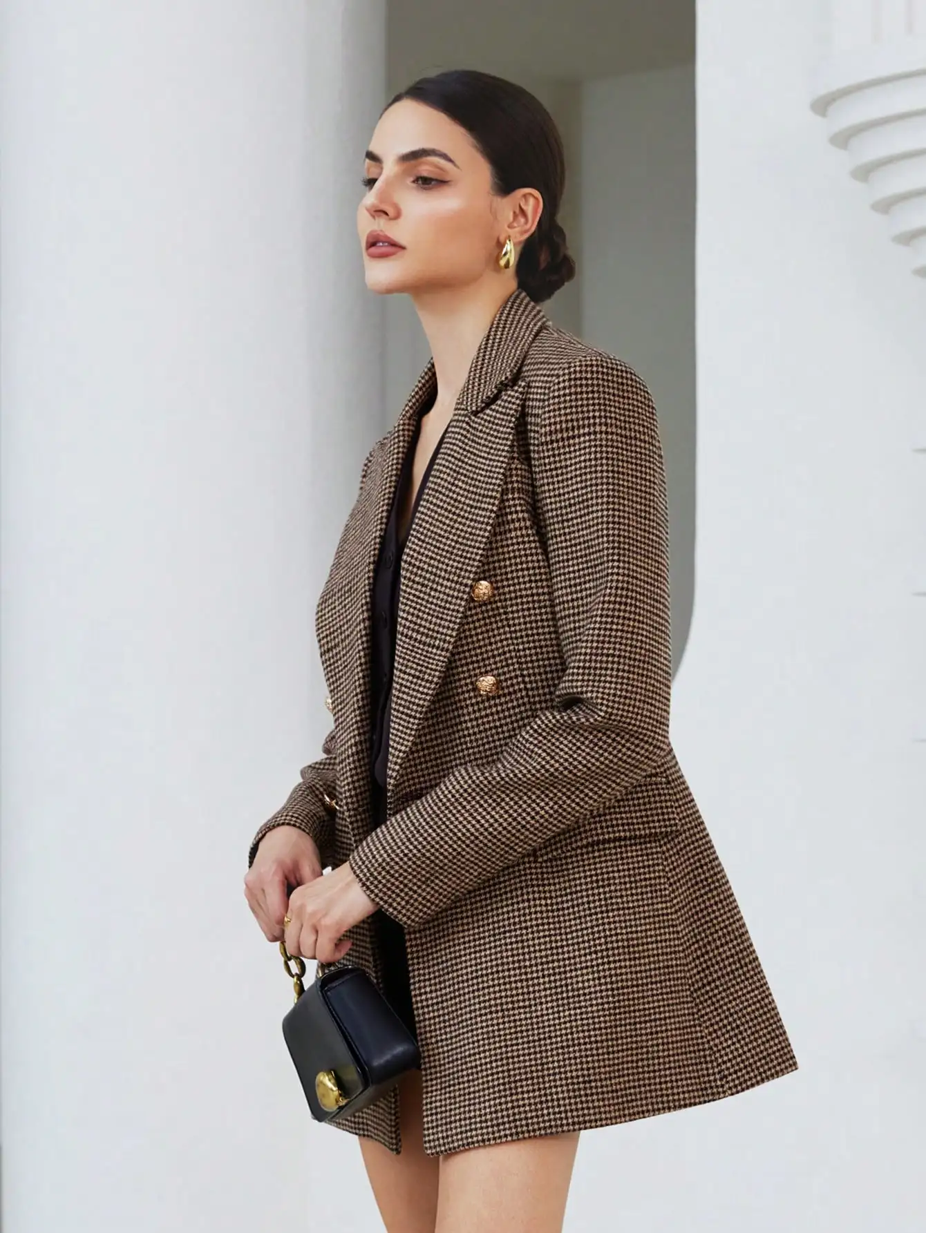 

Женский двубортный блейзер в клетку «гусиная лапка», осенний деловой повседневный стиль