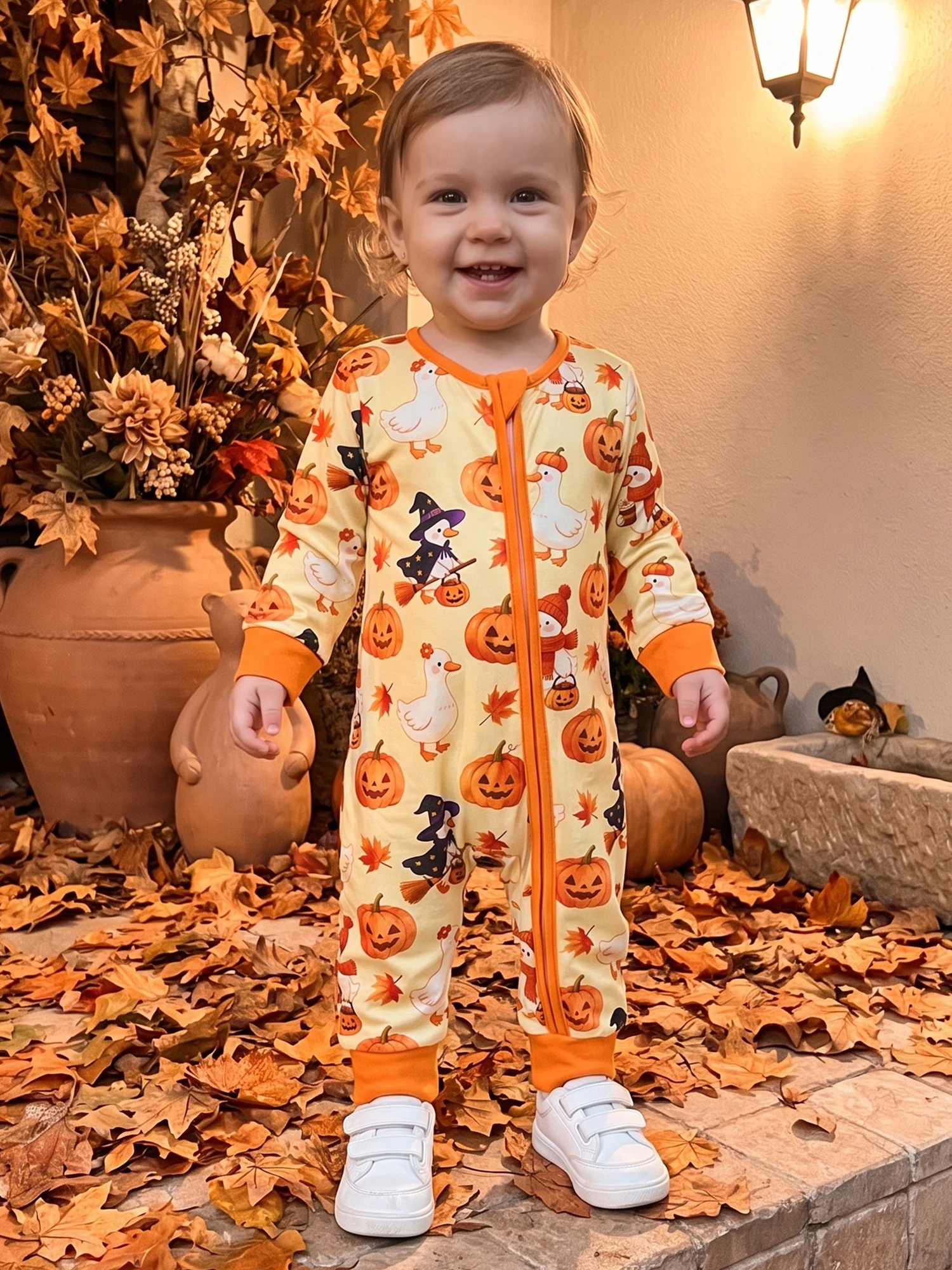 Print Romper Goose Goose-Print-Romper Sleeve-Crew-Neck Print Jumpsuit Jumpsuit Long Sleeve Pumpkin Goose Print New