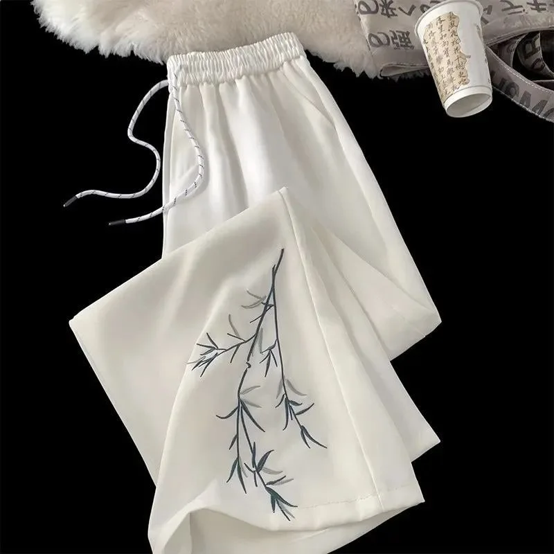 

Классические и универсальные новые брюки в китайском стиле с бамбуковой вышивкой в стиле ретро, свободные тонкие прямые брюки с широкими штанинами, повседневные простые брюки