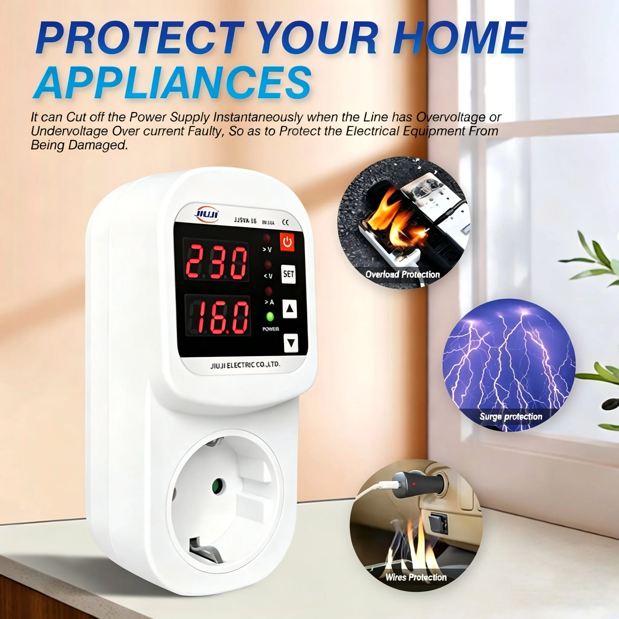 JIUJI Electrical Safety Device Jiuji Automatic Voltage Protector Current for Refrigerator Socket AC 220V Adjustable 1-16A