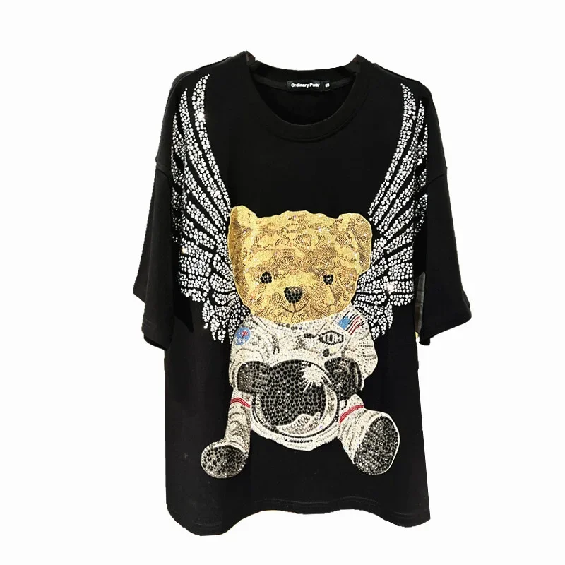 Fashion Hot Diamond Space Flying Bear Short Sleeve T-shirt Female 2023 Summer New Big Wings Black High Street Couple Style Top