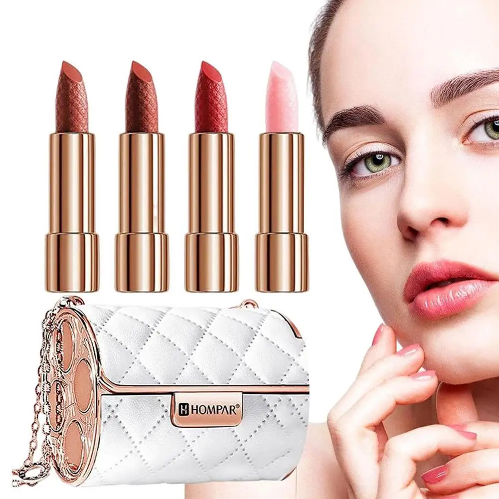 4 Stks/set Matte Glinsterende Fluwelen Lippenstift + Mode Tas Langdurige Make-Up Set Koreaanse Mode Kettingtas Gegraveerd Lippenstift