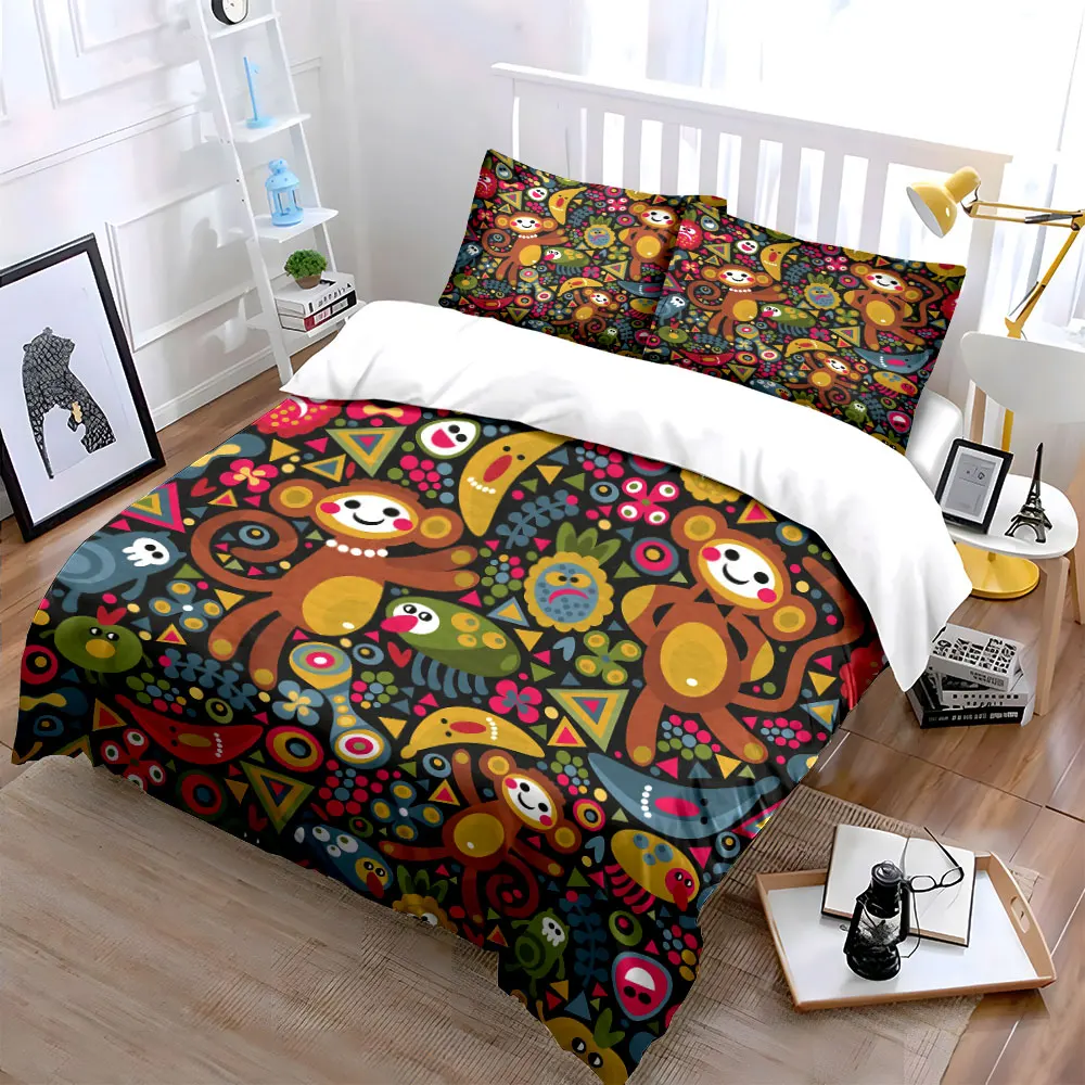 Cartoon monkeys and fruit patterns Duvet Cover Set with 3D Printing Design Soft Polyester Bedding Set All-Season Comfort