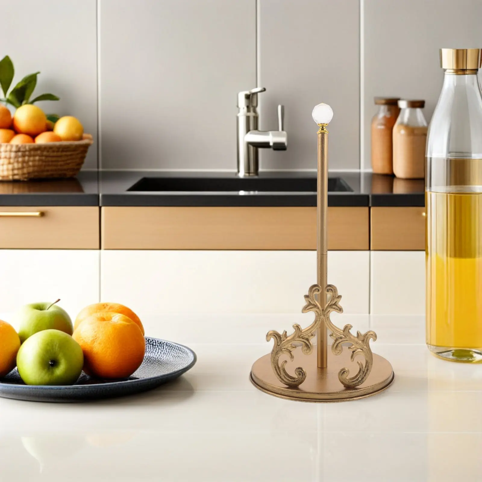 Weighted Freestanding Kitchen Paper Towel Holder Stand Retro European Iron Art Design Crystal Accent Countertop Decorative Roll