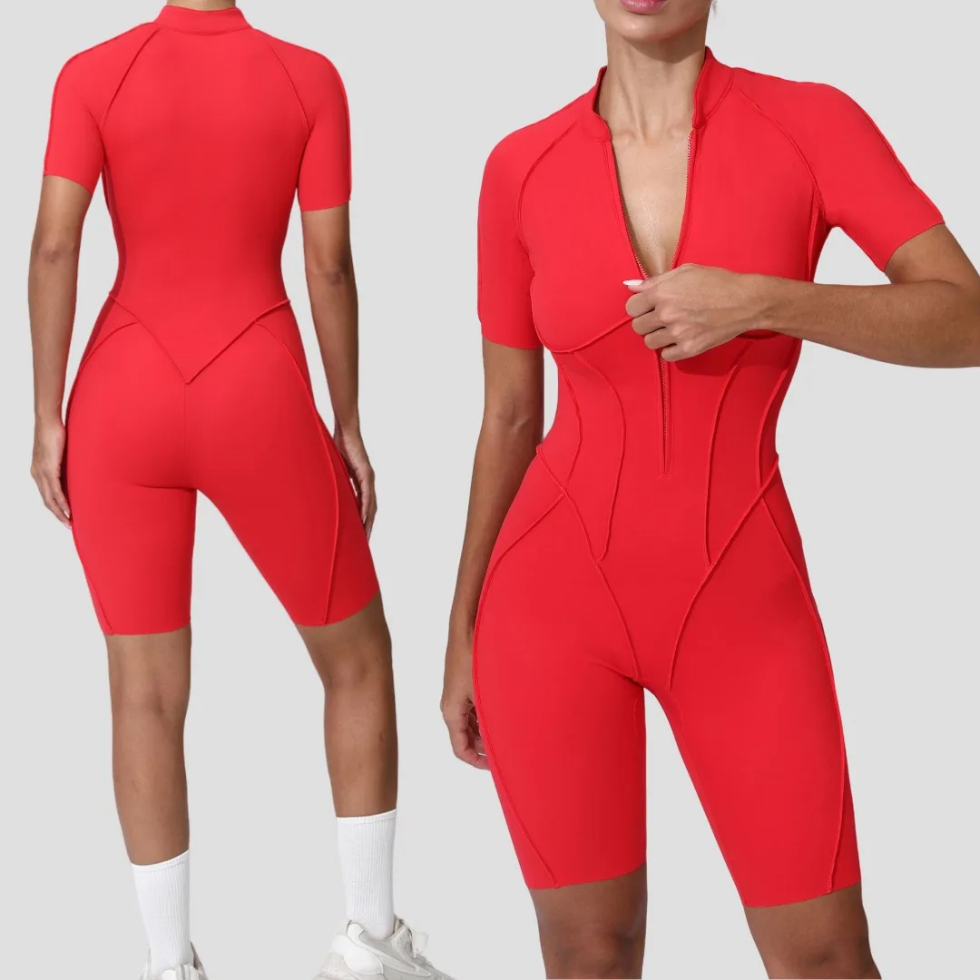 

Yoga Jumpsuits Sports Fitness Tight Breathable Zipper Short Sleeve One-piece Bodysuits Workout Clothing Gym Shorts Tracksuits