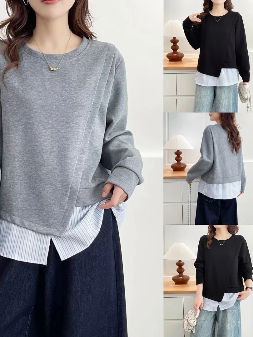 

Loose Fit Long Sleeve round Neck Sweatshirt Women's plus Size Early Spring New Design Slimming Striped Patchwork Fake Two-Piece