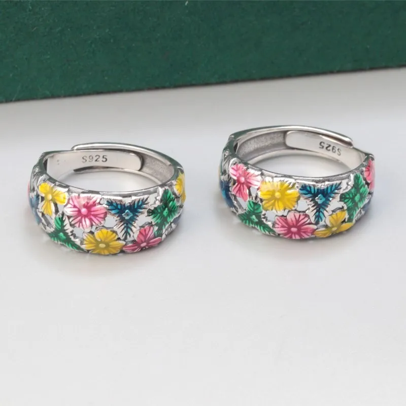 Langyan S925 Sterling Silver Enamel Small Flower Ring for Women Ethnic Vintage Colorful Opening Adjustable Finger Rings Jewelry