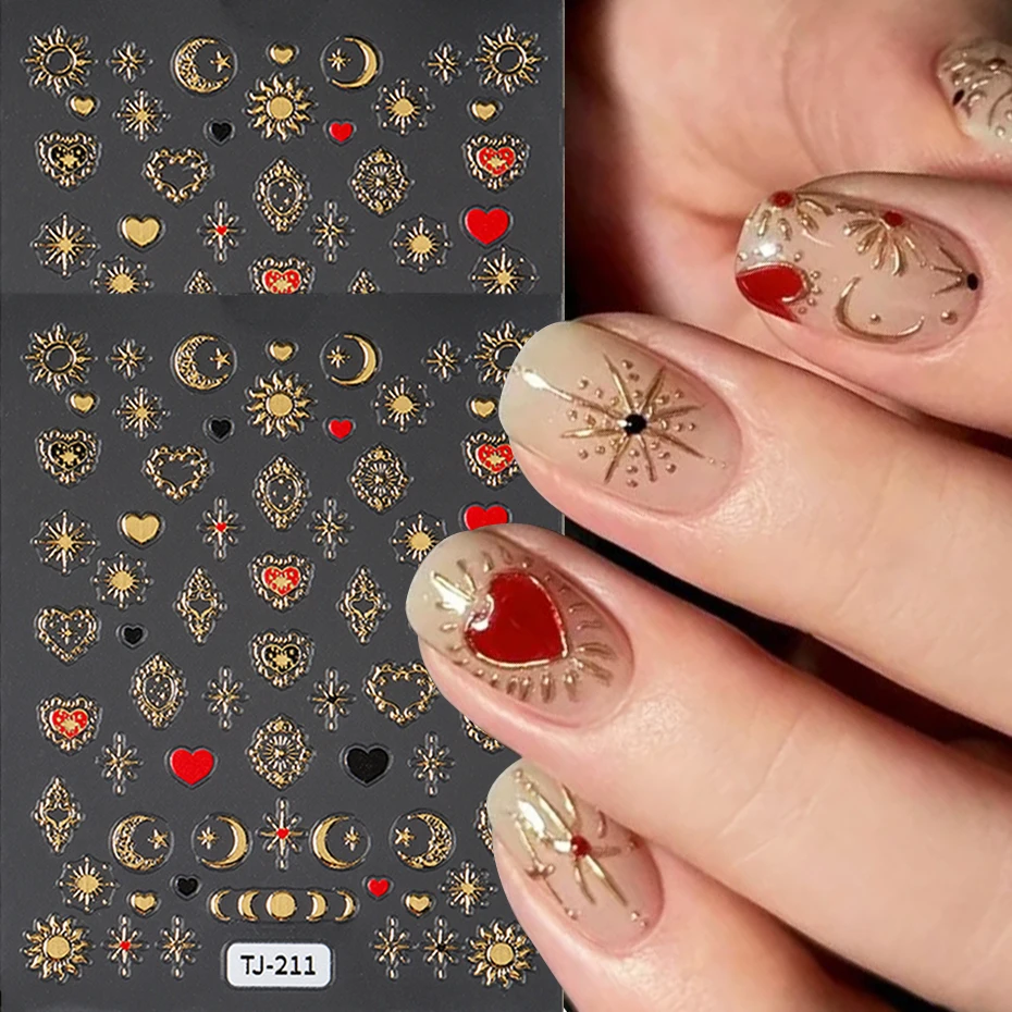 2pcs Bronzing Gold Love Heart Nail Sticker Stars Sun DIY Self-Adhesive Nail Art Decals Sliders Decorations Manicure Accessories