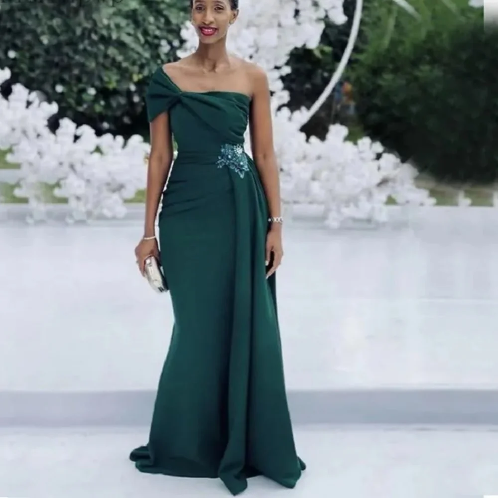 Vestido de baile sereia plissado de um ombro feminino, aplique arco plissado, vestido de noite longo formal, verde escuro, tamanho grande, 2024