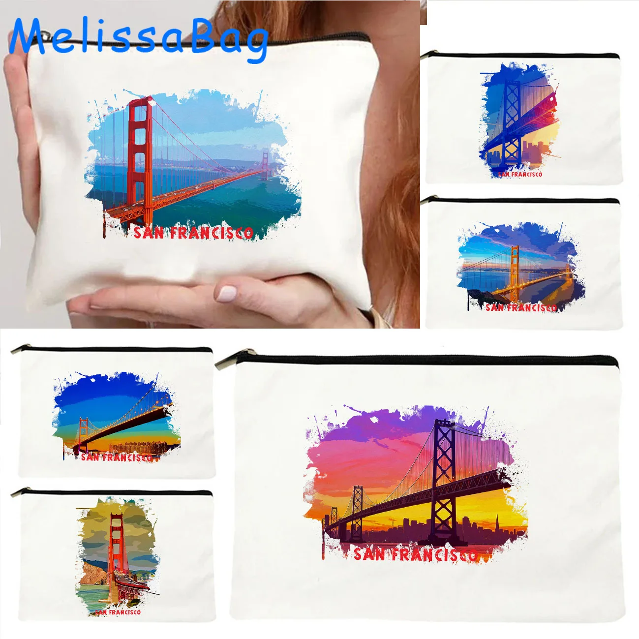 

San Francisco Golden Gate Bridge United States Watercolor Paintings Canvas Cosmetic Makeup Toilet Bags Pencil Case Zipper Pouch