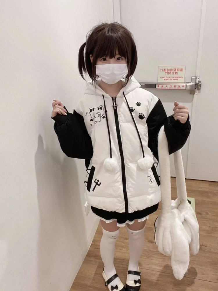 Japanese Cartoon Print Kawaii Y2k Parkas Contrast Color Ear Cute Padded Women Grunge Aesthetic Loose Wadded Coats